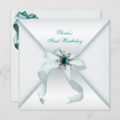 ホワイトティール（緑がかった色）ブルーガールズ1st誕生日パーティー 招待状 (正面/裏面)