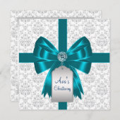 ホワイトティール（緑がかった色）ブルーダマスクベビー《キリスト教》洗礼式や命名式 招待状 (正面/裏面)