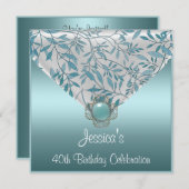 ホワイトティール（緑がかった色）ブルーフローラジュエル40歳の誕生日 招待状 (正面/裏面)