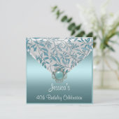 ホワイトティール（緑がかった色）ブルーフローラジュエル40歳の誕生日 招待状 (スタンド正面)