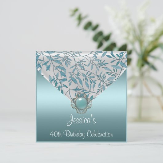 ホワイトティール（緑がかった色）ブルーフローラジュエル40歳の誕生日 招待状 (スタンド正面)