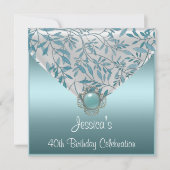 ホワイトティール（緑がかった色）ブルーフローラジュエル40歳の誕生日 招待状 (正面)