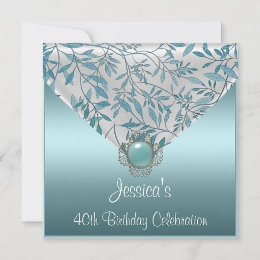 ホワイトティール（緑がかった色）ブルーフローラジュエル40歳の誕生日 招待状 (正面)