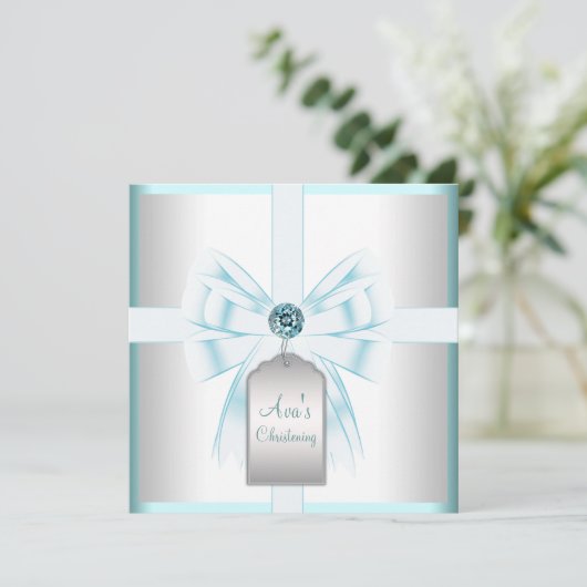 ホワイトティール（緑がかった色）ブルーベビーバプテスマ《キリスト教》洗礼式や命名式 招待状 (スタンド正面)