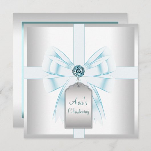 ホワイトティール（緑がかった色）ブルーベビーバプテスマ《キリスト教》洗礼式や命名式 招待状 (正面/裏面)