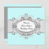 ホワイトティール（緑がかった色）ブルーSweet sixteenパーティー 招待状 (正面/裏面)