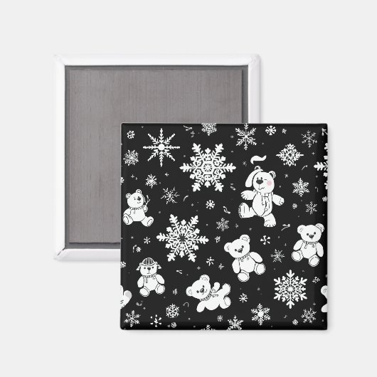 ホワイトテディベアと雪の結晶 シームレスパターン マグネット (正面/裏面)