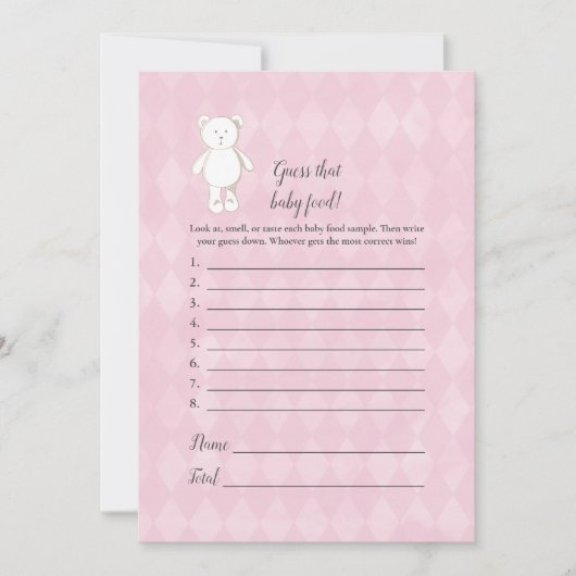 ホワイトテディベアはベビー食品シャワーゲームを推測 招待状 (正面)