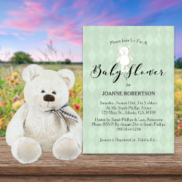 ホワイトテディベアダイヤモンドセージ緑のベビーシャワー 招待状