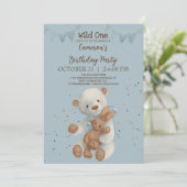 ホワイトテディベアワイルドワンバースデー招待状 招待状 (スタンド正面)