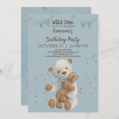 ホワイトテディベアワイルドワンバースデー招待状 招待状 (正面/裏面)