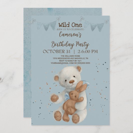 ホワイトテディベアワイルドワンバースデー招待状 招待状 (正面/裏面)
