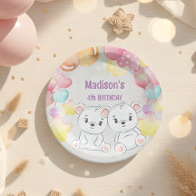 ホワイトテディベア誕生日紙プレート