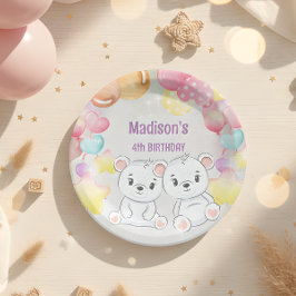 ホワイトテディベア誕生日紙プレート ペーパープレート