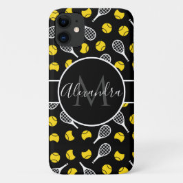ホワイトテニスラケット&ハーフボールあなたの名前スポーツ iPhone 11 ケース