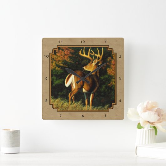 ホワイトテールバックディア狩りタン スクエア壁時計 (ホーム)