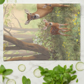 ホワイトテール鹿と可愛いツイン春 キッチンタオル (折り畳み)