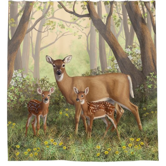 ホワイトテール鹿と可愛いツイン春 シャワーカーテン (正面)