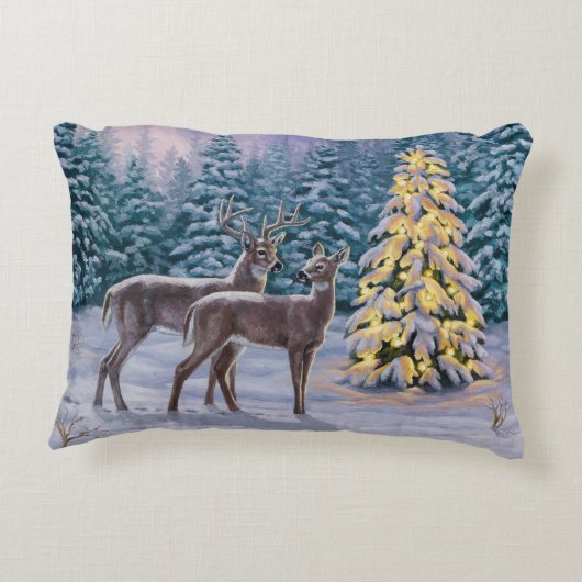 ホワイトテール鹿&クリスマスツリー冬のシーン アクセントクッション (裏面)