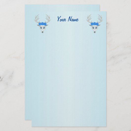 ホワイトディアヘッドかわいらし顔バラオンブルー 便箋 (正面/裏面)