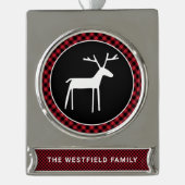 ホワイトディアレッドクリスマスバッファロープレイド名 シルバープレートバナーオーナメント (正面)