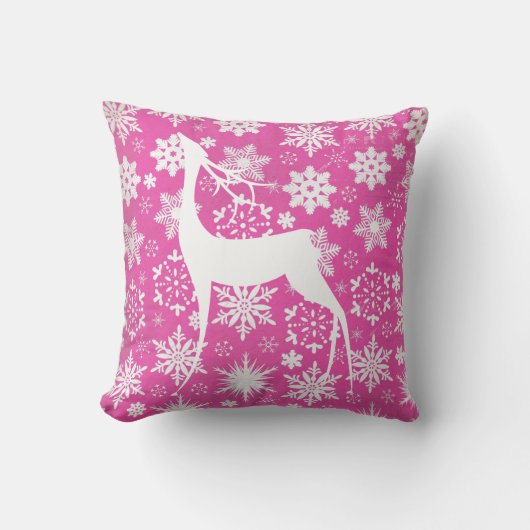 ホワイトディアーとスノーフレークonピンクホリディピロー クッション (正面)