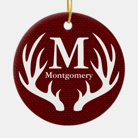 ホワイトディアー〔雄ジカの〕枝角レッドフェイクバーラップファミリー名 セラミックオーナメント (正面)