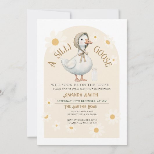 ホワイトデイジーとアイボリーかわいいガチョウ赤ちゃんシャワー 招待状 (正面)