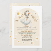 ホワイトデイジーとアイボリーかわいいガチョウ赤ちゃんシャワー 招待状 (正面/裏面)