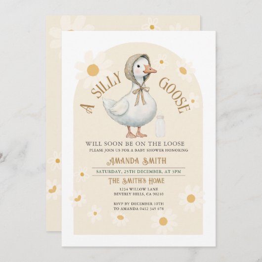 ホワイトデイジーとアイボリーかわいいガチョウ赤ちゃんシャワー 招待状 (正面/裏面)