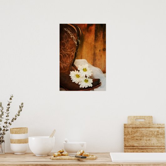 ホワイトデイジーとカウボーイブーツウェスタン結婚ズ ポスター (キッチン)