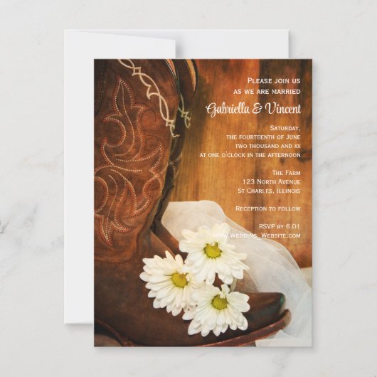 ホワイトデイジーとカウボーイブーツウェスタン結婚ズ マグネット招待状 (正面)
