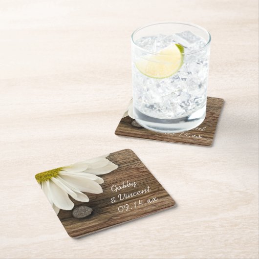 ホワイトデイジーとバーンウッドカントリーウェディング スクエアペーパーコースター (インサイチュ)