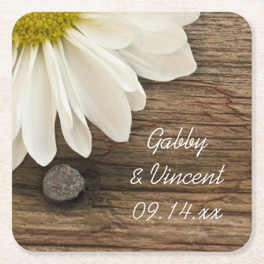 ホワイトデイジーとバーンウッドカントリーウェディング スクエアペーパーコースター (正面)