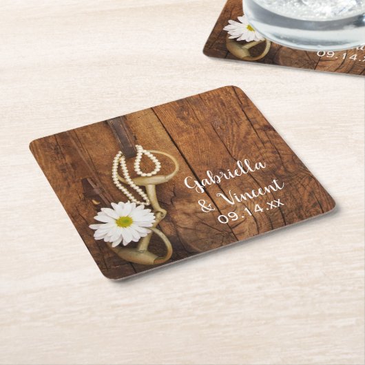 ホワイトデイジーとホースビットカントリー西結婚の スクエアペーパーコースター (アングル)
