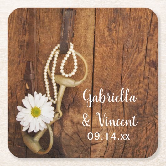 ホワイトデイジーとホースビットカントリー西結婚の スクエアペーパーコースター (正面)