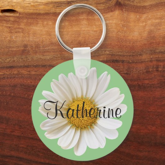 ホワイトデイジーと名前をカスタムするセージグリーン キーホルダー (正面)