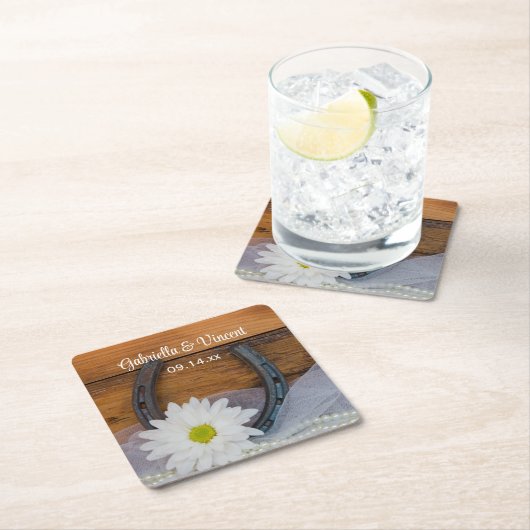 ホワイトデイジーと馬蹄地方ウェスタン結婚ズ スクエアペーパーコースター (インサイチュ)