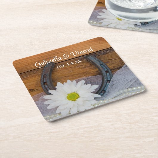 ホワイトデイジーと馬蹄地方ウェスタン結婚ズ スクエアペーパーコースター (アングル)