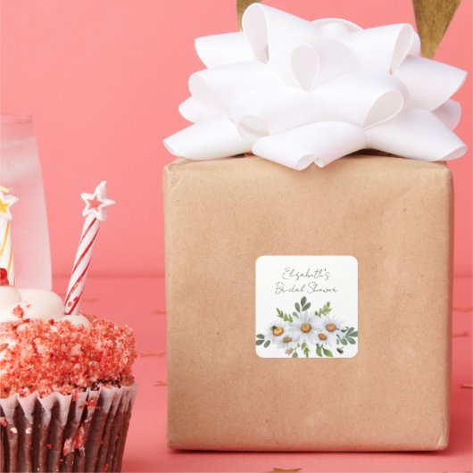 ホワイトデイジーのブライダルシャワーステッカー スクエアシール (パーティー)