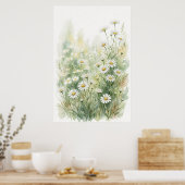 ホワイトデイジーの野の花の水彩画 ポスター (キッチン)