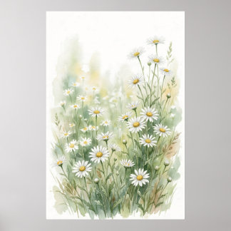 ホワイトデイジーの野の花の水彩画 ポスター