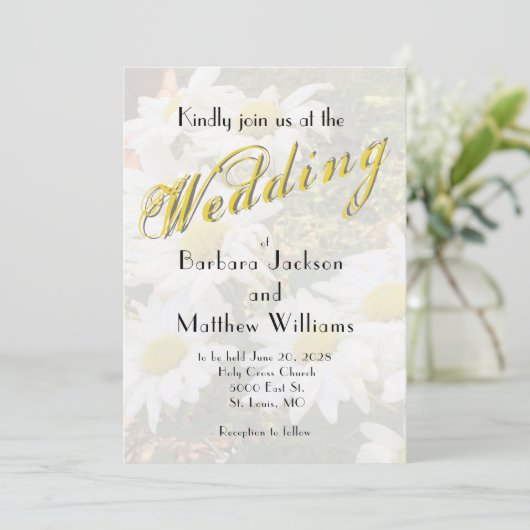 ホワイトデイジーイエロー金ゴールドスクリプトボーHo春の結婚式 招待状 (スタンド正面)