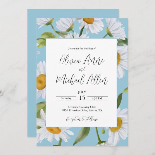 ホワイトデイジーウォーターカラーブルー結婚式招待状 招待状 (正面/裏面)