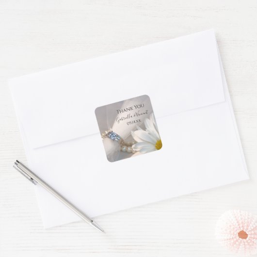 ホワイトデイジーエレガンス結婚ズサンキューメッセージカード スクエアシール (封筒)