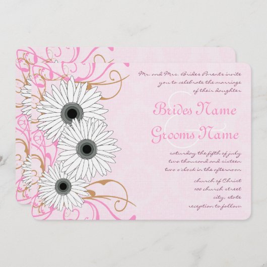 ホワイトデイジーオンピンクダマスクウェディング招待状 招待状 (正面/裏面)