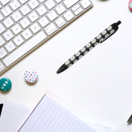 ホワイトデイジーオンブラックフローラルパターン 黒ボールペン