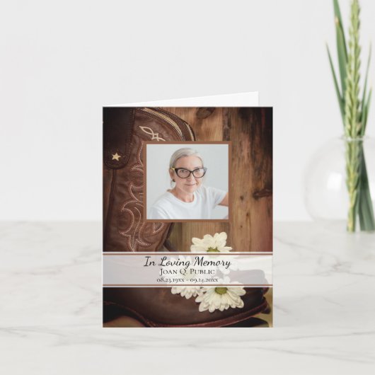 ホワイトデイジーカウボーイブーツウェスタン葬儀悔やみや弔慰 サンキューカード (正面)