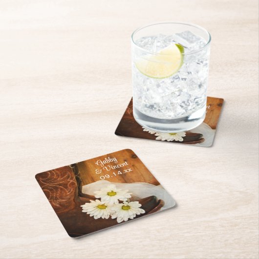 ホワイトデイジーカウボーイブーツカントリーウェスタン結婚ズ スクエアペーパーコースター (インサイチュ)