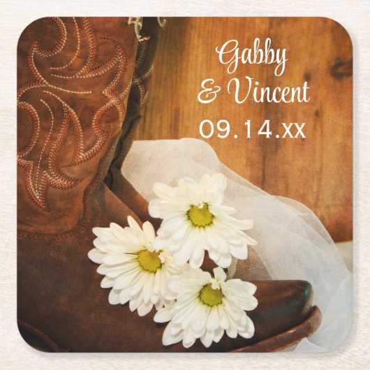 ホワイトデイジーカウボーイブーツカントリーウェスタン結婚ズ スクエアペーパーコースター (正面)